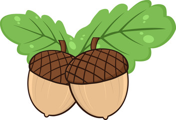 Two Acorn With Green Oak Leaves Cartoon Illustrations