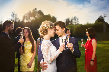 Newlyweds clinking glasses outside