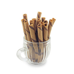 Striped wafer rolls filled with chocolate