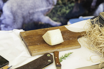 Cheese cut in a market