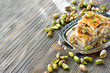 Turkish pistachio pastry dessert  baklava with green pistachios