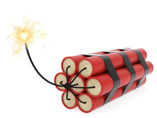 Dynamite with burning wick on white background