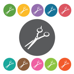 Scissor icon. Hairdressing icon set. Round colourful 12 buttons.