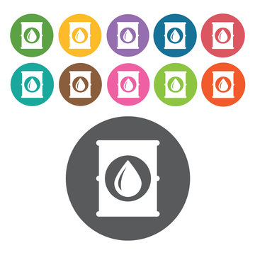 Drum with water drop icon. Industy icons set. Round colourful 12