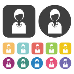 Medical person icon. Hospital nurse icons set. Round and rectang