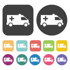 Ambulance icon. Hospital nurse icons set. Round and rectangle co