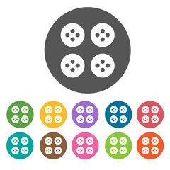 Four white buttons icon. Sewing equiptment icons set. Round colo