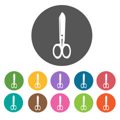 Scissors icon. Sewing equiptment icons set. Round colourful 12 b