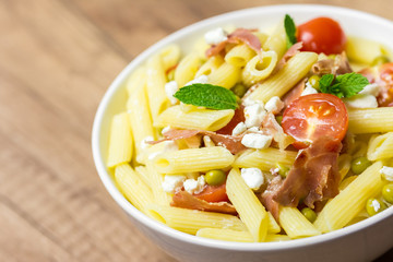 Italian Pasta Salad With Mozzarella, Bacon And Tomatoes