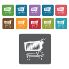 Left facing shopping cart icon. Rectangle colourful 12 buttons.