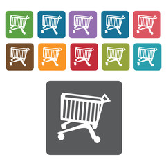 Left facing shopping cart small wide basket icon. Rectangle colo