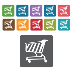 Left facing shopping cart icon. Rectangle colourful 12 buttons.