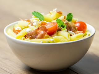Italian Pasta Salad With Mozzarella, Bacon And Tomatoes