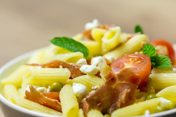 Italian Pasta Salad With Mozzarella, Bacon And Tomatoes