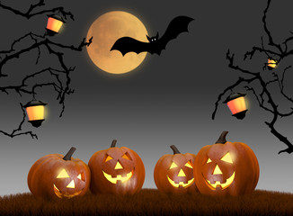 Halloween background scene with full moon, pumpkins and bats