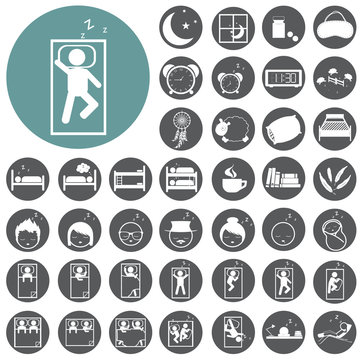 Sleep Concept Icons Set: Pillow, Bed, Moon, Sheep, Owl, Zzz. Vec