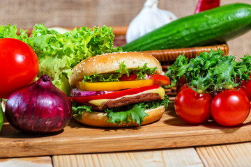 homemade hamburger with fresh vegetables, close up