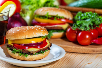 homemade hamburger with fresh vegetables, close up