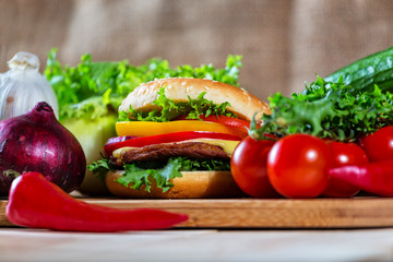 homemade hamburger with fresh vegetables, close up