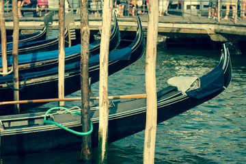 Gondolas moored by Saint Mark square. Venice, Italy, Europe