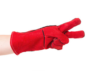 Two fingers in heavy-duty red glove.