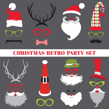 Christmas Retro Party set - Glasses, hats, lips, mustaches