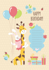 Birthday greeting card design with giraffe and bunny.
