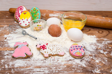 Easter cookies and ingredients for cooking.