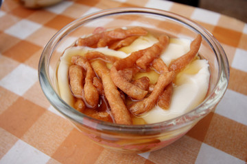 Tofu Dessert, Bean junket eaten hot with gingered syrup and mini