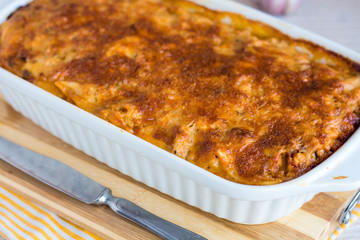 meat lasagna in the form of baking