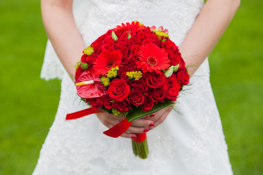 Bride With Red Wedding Bouquet In Hand