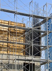 The construction site and steel frame in city