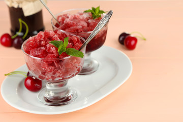 Closeup of cherry granita in glass bowl,