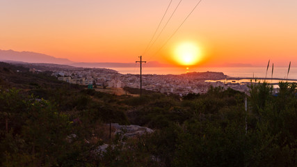 Panorama of Rethymno harbor at sunset, island of Crete