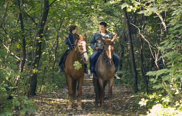 horse ride young guy autumn forest