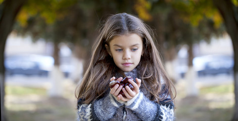 Beautiful little girl holding a chestnut