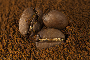 Closeup of coffee beans at roasted coffee heap