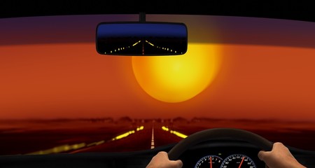 Driving in the Desert During Sunset