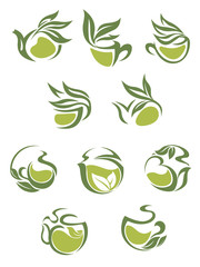 Green tea dish and cup icons set