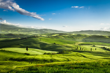 Beautiful view of the sunset over the valley in Tuscany