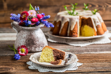 Easter cake and spring flowers