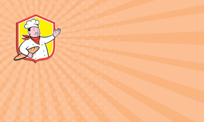 Business card Chef Cook Holding Baguette Shield Cartoon