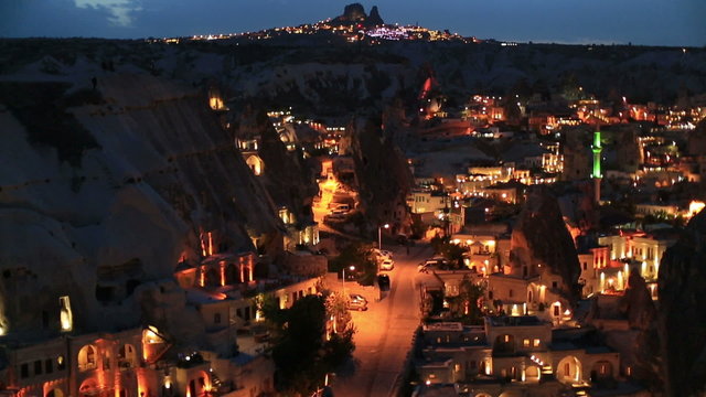 Night view of the village Goreme in Cappadocia,Pan shot
