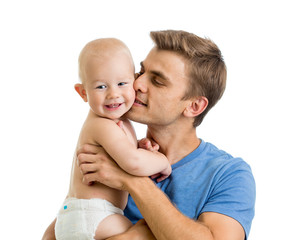 happy father kissing baby boy isolated on white