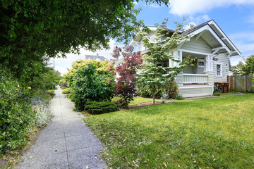 Walkway with green bushes alongside. House exterior