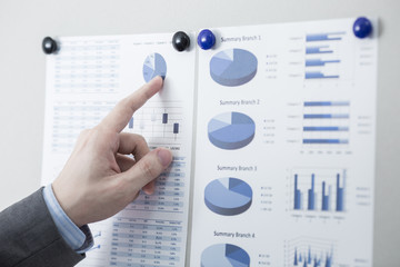Businessman pointing to flip board with chart in office