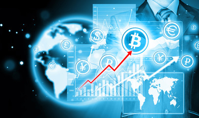 Choosing bitcoins, businessman pressing touch screen button.