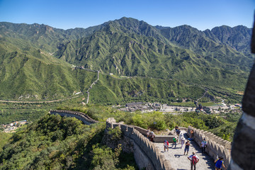 Naklejka premium China, Juyongguan. Top view of a section of the Great Wall