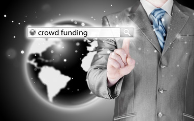 Businessman and crowd funding in search bar