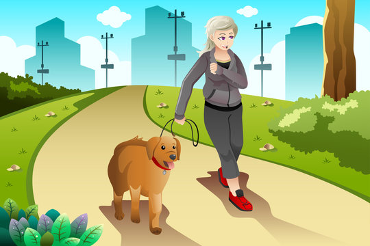 Old Lady Exercising With Her Dog Outdoor